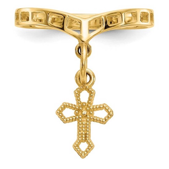 Real 14K Yellow Gold Dangle Cross Charm Ring Size 6 - Picture 4 of 5